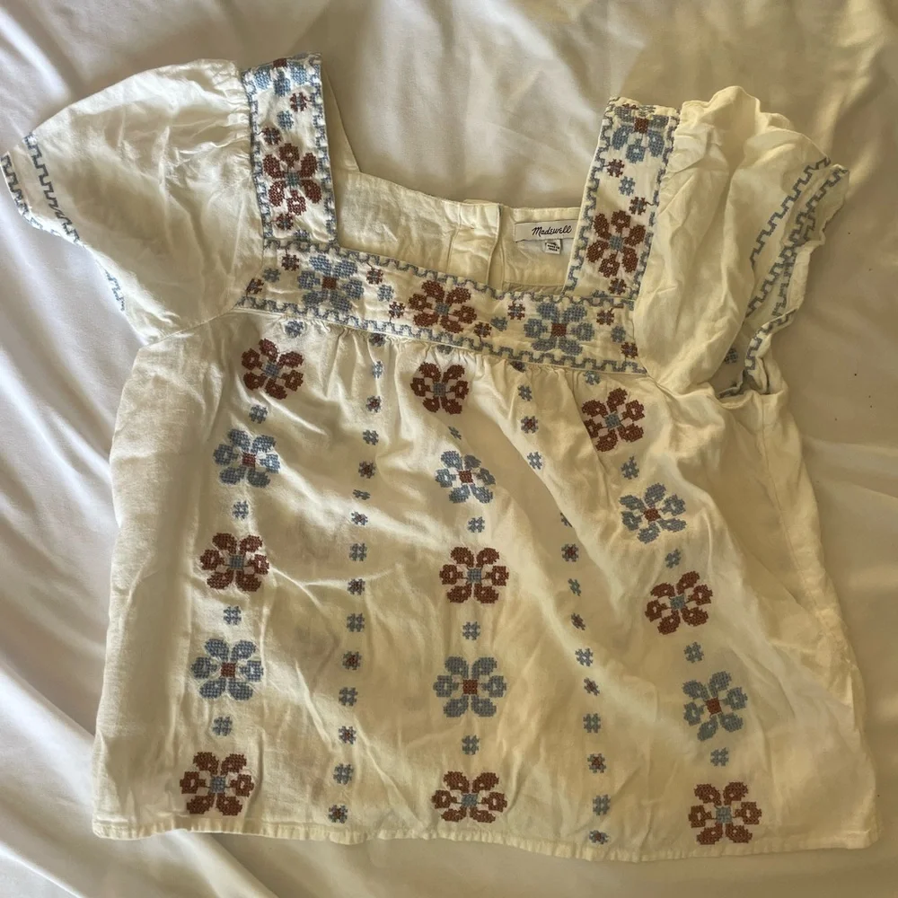 Madewell Cream Top with Blue and Rust Embroidery - Picture 1 of 3